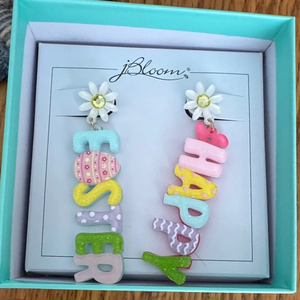 Bloom Happy Easter 🐰 Flower Earrings in Pink, Yellow, Green Whimsical jewelry - Picture 2 of 2